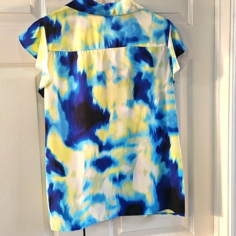 NWT Calvin Klein Multicolored  Ruffles Capped Sleeve Button Down Top Large - Picture 6 of 15